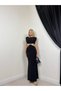 Women's Black Maxi Fish Cut Waistline Low-Cut Draped Evening Dress with Accessory Detail