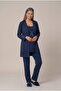 Women's Navy Blue Thin Strap Lace Maternity Pajama Set with Robe - 6