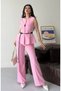 Women's Belt Detailed Gold Buttoned Vest Trouser Set Candy Pink