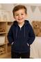 Boy's Navy Blue Hooded Zippered Cardigan – Patterned Sweatshirt with Pockets - 2