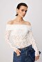 Ekru Düz Fitted Carmen Yaka Uzun Kol Dantel Örme Bluz TWOAW27BZ00020 - 6