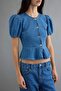 Mavi Balon Kollu Düğme Detaylı Peplum Denim Bluz TWOAW27BZ00037 - 4