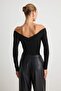 Siyah Carmen Yaka Fitilli Alttan Çıtçıtlı Esnek Örme Body TWOAW21BD0053 - 4