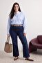Özel Koleksiyon Koyu Mavi Yüksek Bel Nervürlü İspanyol Paça Büyük Beden Flare Jeans TBBAW26CJ00013