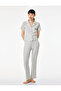 Comfortable Fit Shirt Collar Cat Embroidery Detailed Short Sleeve F Corded Fabric Pajama Set