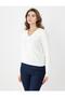 Ecru V-Neck Hair Knit Patterned Knitwear Sweater - 3