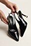 Black Patent Leather Pointed Toe Thick Sole Open Back with Gold Detail Heeled Shoes - Stiletto