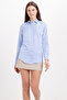 Women's Slim Fit Narrow Cut Body-Fit Long Sleeve Hidden-Button Detail Basic Blue Shirt