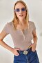 Women's Striped Beige Snap-On Camisole Blouse BLZ-19000171 - 4
