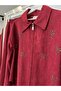 Shoulder Pad Tex Suede Skirt Suit with Stones - Bordo - 46 - 3