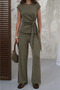 Women's Sienna Khaki Crinkle Fabric Blouse and Trousers Set with Tie Detail - 7