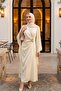 Buckle Detailed Double Layered Asymmetrical Sleeve Satin Evening Dress -Ecru - 3