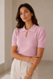 Women's Pink Polo Collar Buttoned Short Sleeve Viscose Cotton Knitwear Blouse - 2