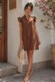 Women's Coffee V-Neck Sleeves Ruffled Tie Detail Dress Arm-25Y 001022