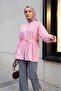 Belted Elastic Sleeves, Buttoned Front, Folded Detail Poplin Shirt - Pink - 4