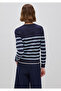 Women's Navy Blue 100% Cotton Front Embroidered Striped Crew Neck Sweater - 2