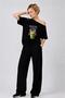 Black Matcha Printed Women's Buggy Pants Wide Asymmetrical Collar Detailed T-Shirt Set