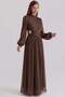 Yoryo Silk Hijab Evening Dress with Pleated and Stone Brooch Detail Brown 1244 - 3
