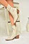 T356654109 Beige Pointed Toe Thick Heeled Women's Boots - 3