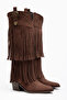 Brown Matte Suede Tasseled Buckle Western Cowboy Boots - 2