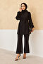 Pleated Sleeves Trousers Tunic Set - Black - 2