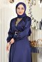 Stone Detailed Satin Evening Dress Indigo 19901 - 2