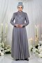Stone Detailed Glittered Evening Dress with Draped Chest Lilac 19188 - 3