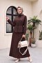 Stone Detailed Belted Skirt Lined Polyviscon Suit - Dark Brown