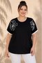 Women's Plus Size Shoulder Rhinestone Floral Print Sleeve White Stripe Side Slit Stretchy Viscose Long Sleeve Blouse