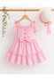 Girls' Hat-And-Headband Dress with Tie-Up Bows on the Shoulder in Turquoise Fabric - 2