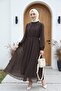 Lined, Elastic Waist, Polka Dot Patterned Long Chiffon Dress -Brown - 3