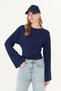 Navy Blue Natural Viscose Ultra Soft Waist-Fitting Gathered Detail Wide Long Sleeve Full Stretch Women's Blouse