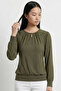 Women's Cycling Gathered Drop Neck Single Button Knitted Jacquard Stretchy Combed Long Sleeve Blouse & Hijab Blouse - 4