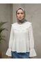 Women's Muslin Blouse Ruffle Collar Comfortable Fit Long Sleeve Summer Hijab Blouse-Ecru