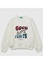 Girl's Ecru Front Sequined Printed Ribbed Relaxed Fit Sweatshirt