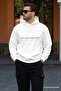Ecru Hooded Fleece Men's Sweatshirt with Flap Pocket Detail 7097