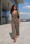Women's Beige Double Breasted Collar Shoulder Rubber Detailed Back V Belted Long Jumpsuit ARM-24Y001049