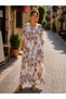 Bohomiyan Plus Size Italian Long Digital Flower Printed Linen V-Neck Shirt Dress - 4