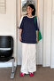 Navy Blue Body Color with White Stripes Single Jersey T-Shirt - Oversize Crew Neck Short Sleeve T-Shirt - 3
