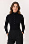 Women's Black Slim Fit Button Detailed High Neck Blouse - 8