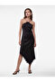 Asymmetrical Cut Sleeveless Halter Neck Lace Detailed Midi Satin Dress
