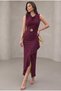 Double-Breasted Collar Women's Flounced Slit Square Stone Belted Plum Wedding and Engagement Evening Dress - 5