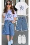 Premium Girls' Star Printed Oversize T-Shirt and Denim Shorts Summer Stylish Combination |   Şortolon 2-Piece Set for Holidays - 4