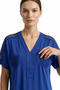 Women's plus size navy blue v-neck blouse with ruched shoulder and pocket detail in cotton viscose fabric. - 4