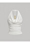 White Degaje Collar Halter Crop Blouse Metal Accessory Detailed Slim Fit Women's Blouse, Backless Sleeveless Blouse - 5