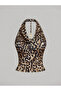 Leopard Print Drape Collar Halter Crop Blouse Metal Accessory Detailed Slim Fit Women's Blouse, Backless Leopard Blouse - 2