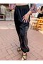 Black Color Hand-Printed Leaf Patterned Bohemian Trousers with Elastic Cuffs - 2