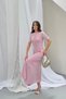 Women's Pink Premium Pearl Button Detailed Glitter Lined Short Sleeve Summer Long Elegant Knitwear Dress (S/M) - 3