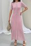 Women's Pink Premium Pearl Button Detailed Glitter Lined Short Sleeve Summer Long Elegant Knitwear Dress (S/M) - 5
