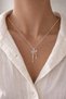 Women's Silver Color Bow Necklace with Pink Stone and Pearl Detail, Stylish Minimal Steel Chain - 2